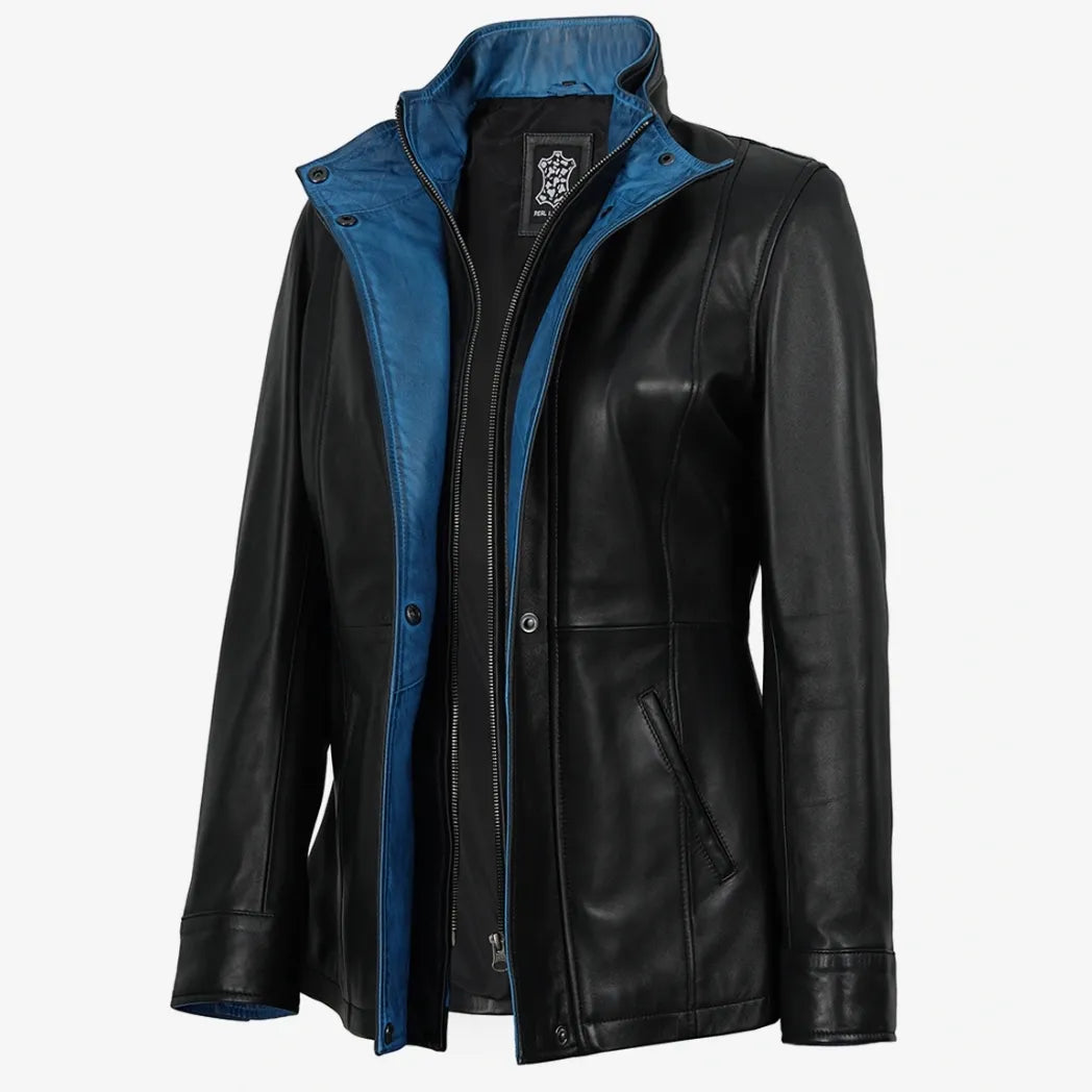 Sowachi Women's High-Collar Black Leather Jacket With Blue Details