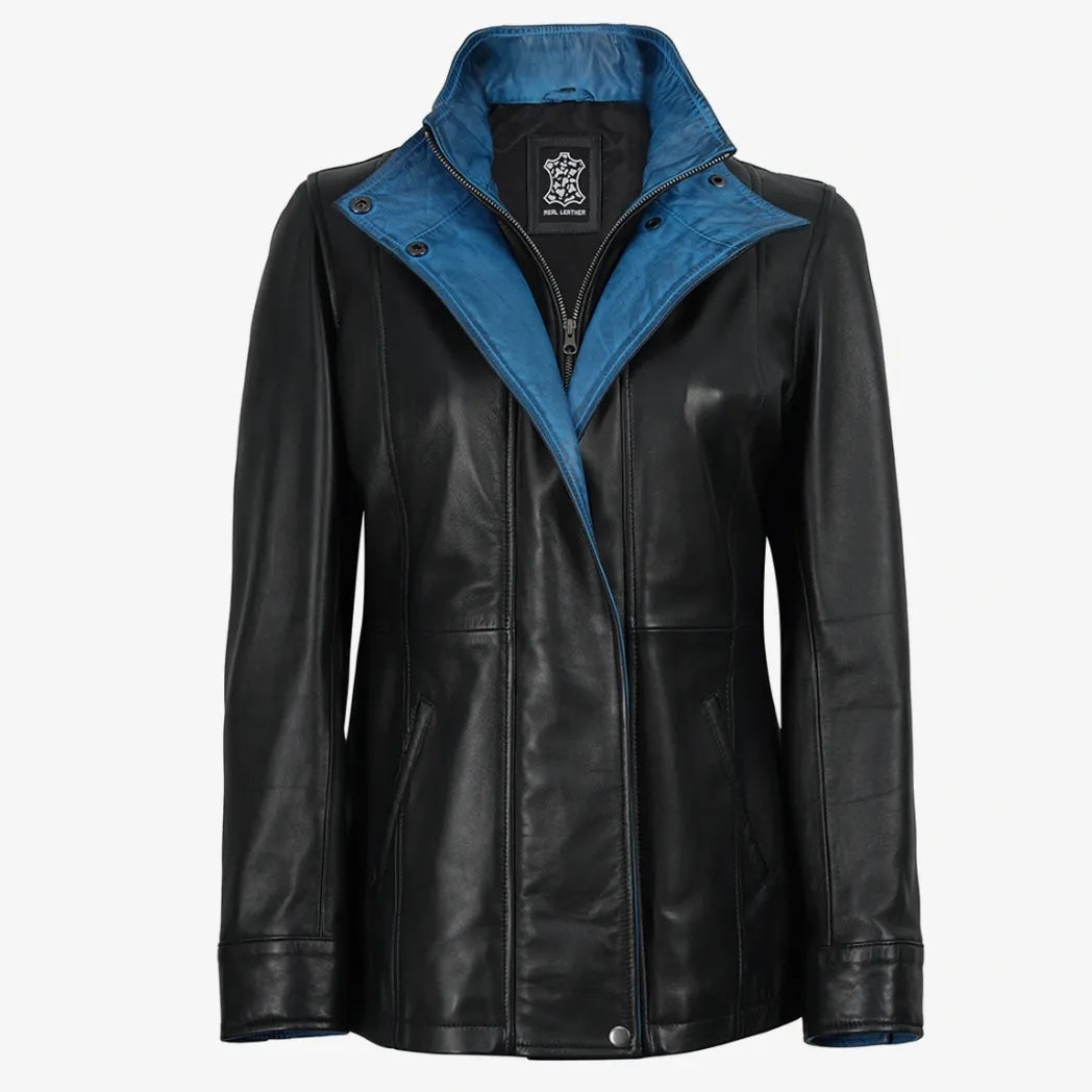 Sowachi Women's High-Collar Black Leather Jacket With Blue Details