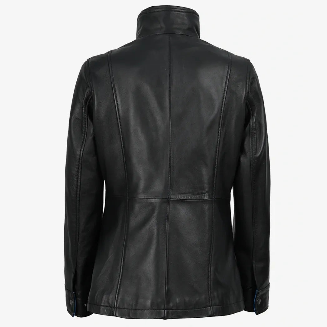 Sowachi Women's High-Collar Black Leather Jacket With Blue Details
