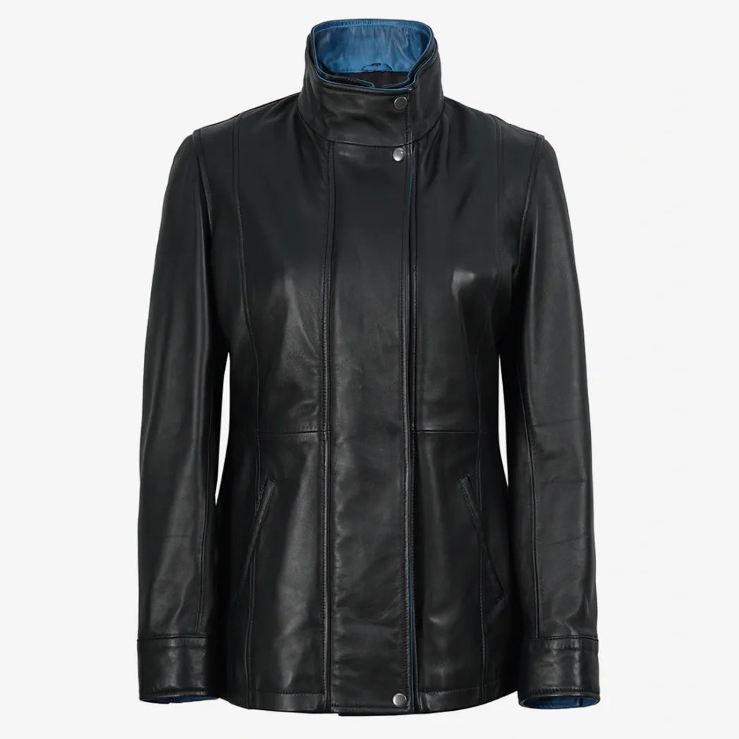 Sowachi Women's High-Collar Black Leather Jacket With Blue Details