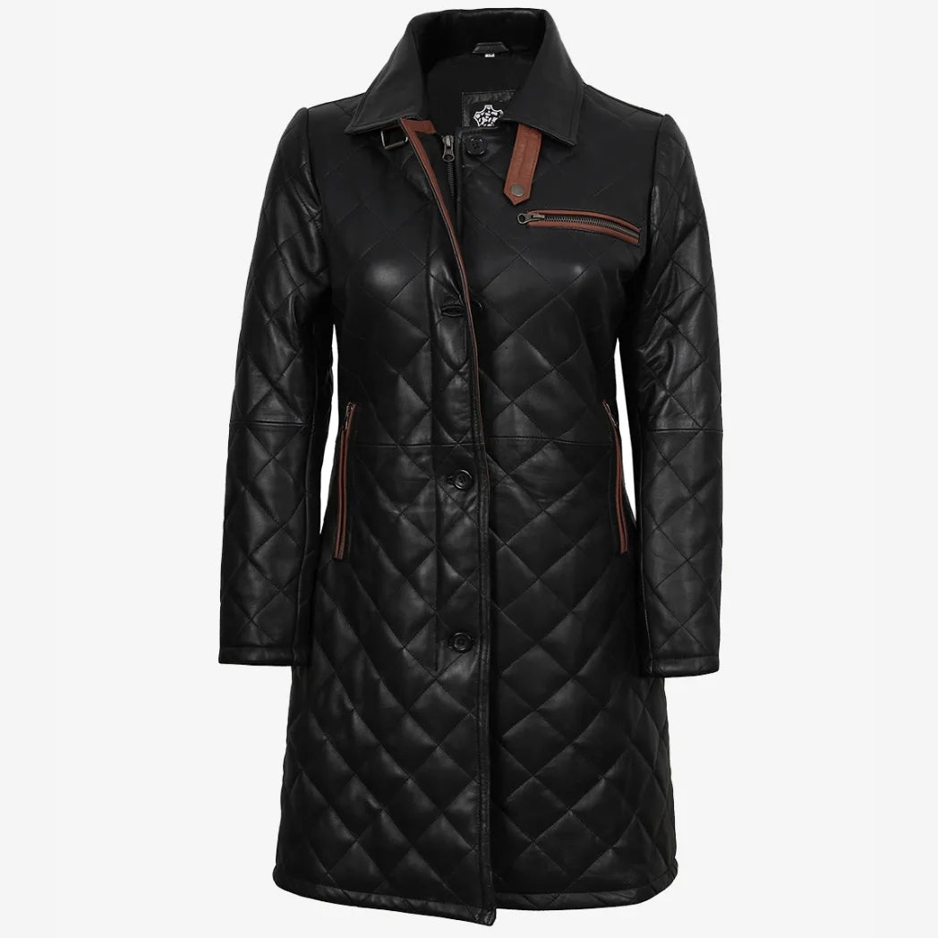 Sowachi Women's Leather Black Quilted Car Coat with Brown Detailing