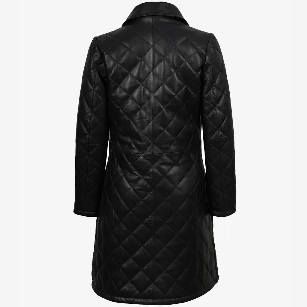 Sowachi Women's Leather Black Quilted Car Coat with Brown Detailing