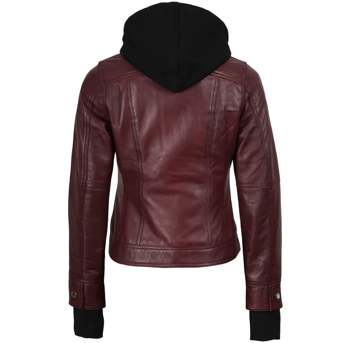 Sowachi Marivelle - Women's Maroon Leather Bomber Jacket with Removable Hood