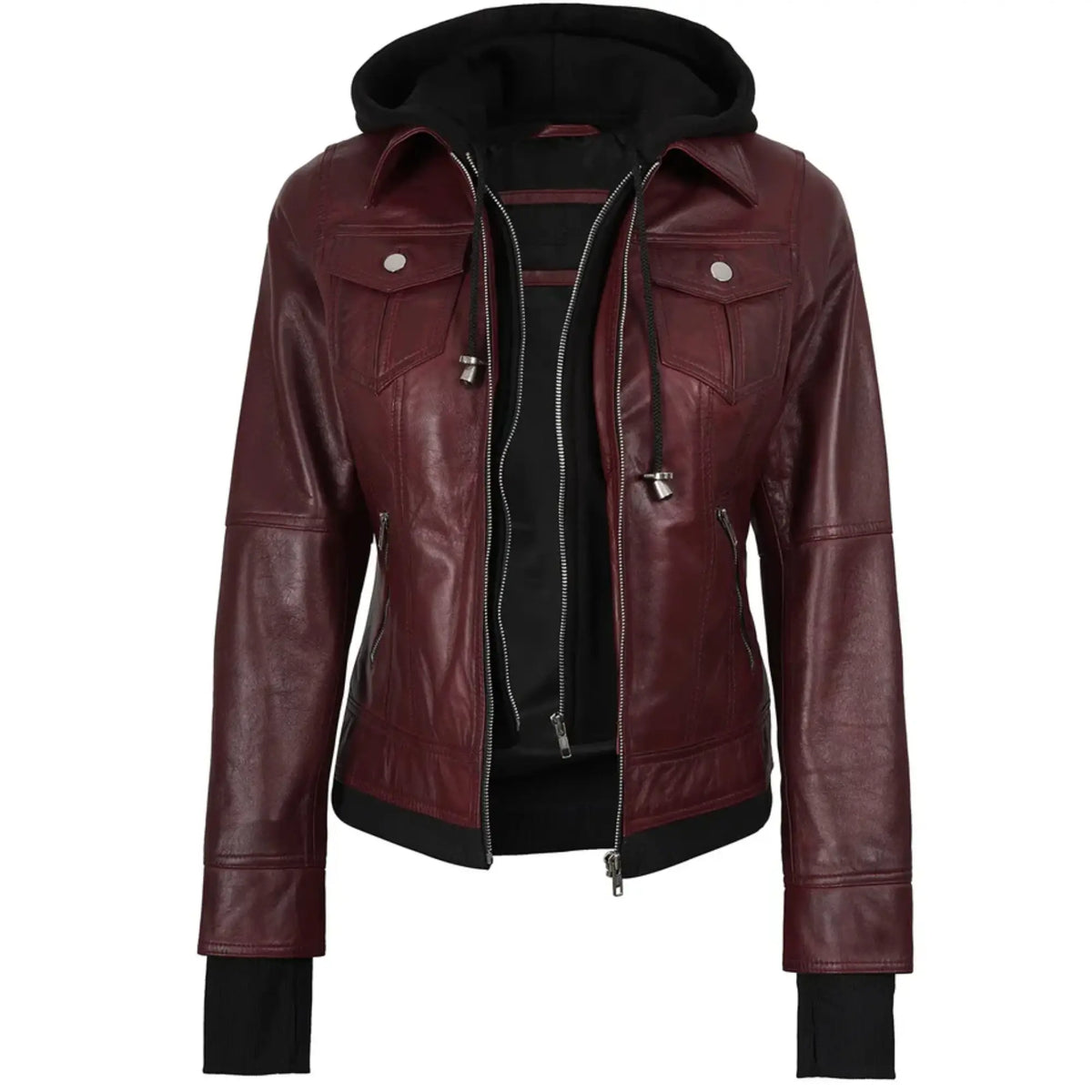 Sowachi Marivelle - Women's Maroon Leather Bomber Jacket with Removable Hood