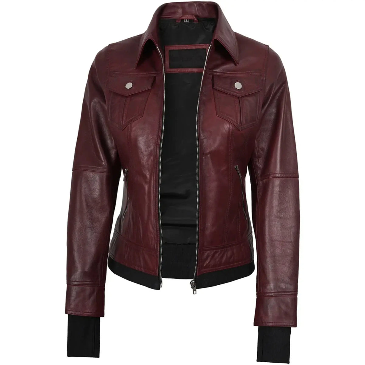 Sowachi Marivelle - Women's Maroon Leather Bomber Jacket with Removable Hood