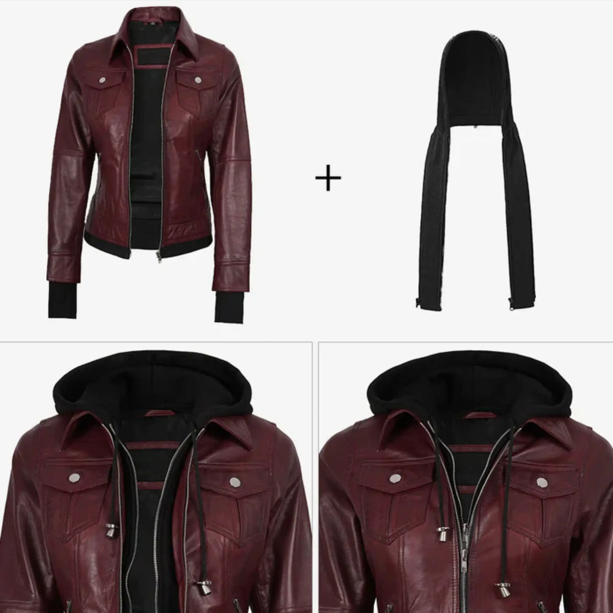 Sowachi Marivelle - Women's Maroon Leather Bomber Jacket with Removable Hood