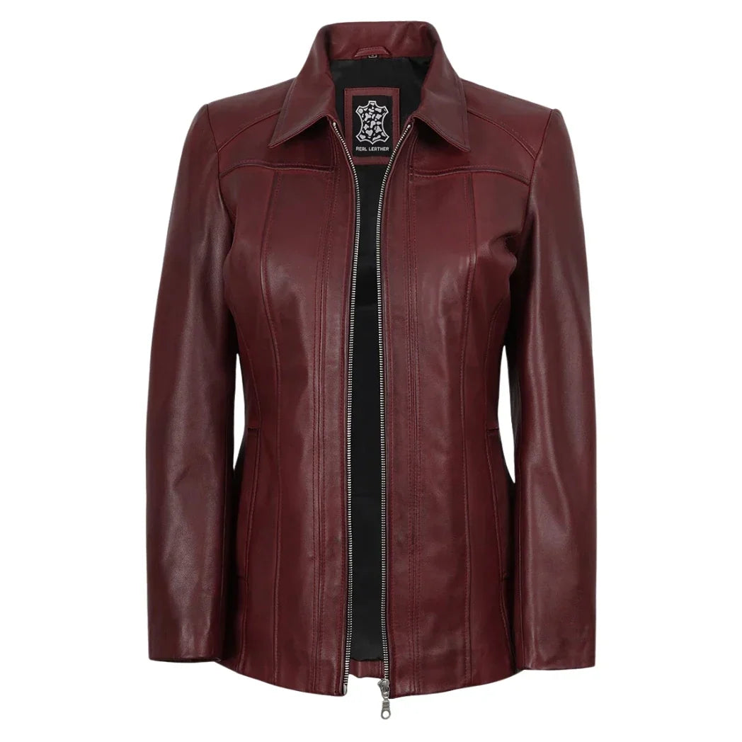 Sowachi Women's Maroon Sheepskin Leather Car Coat