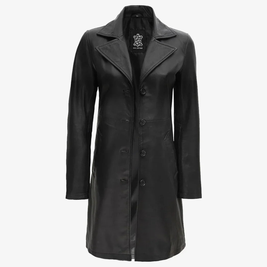 Sowachi Women's Petite Black Notch Lapel Lambskin Leather Coat