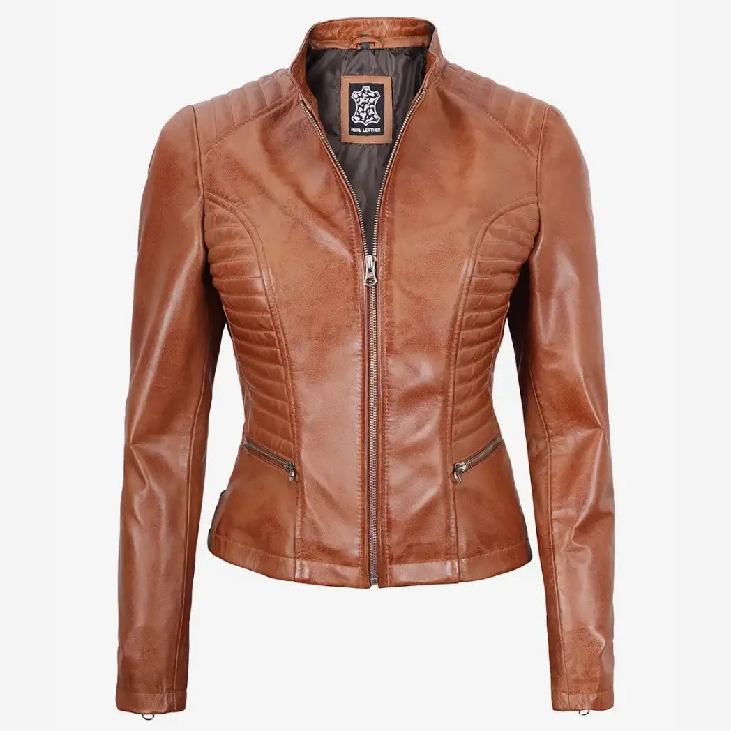 Sowachi Women's Petite Tan Biker Style Leather Jacket