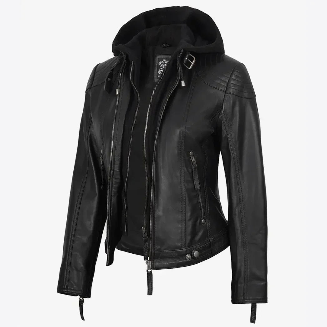 Sowachi Women's Real Black Lambskin Leather Jacket With Hood