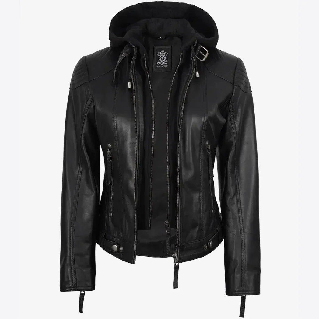 Sowachi Women's Real Black Lambskin Leather Jacket With Hood
