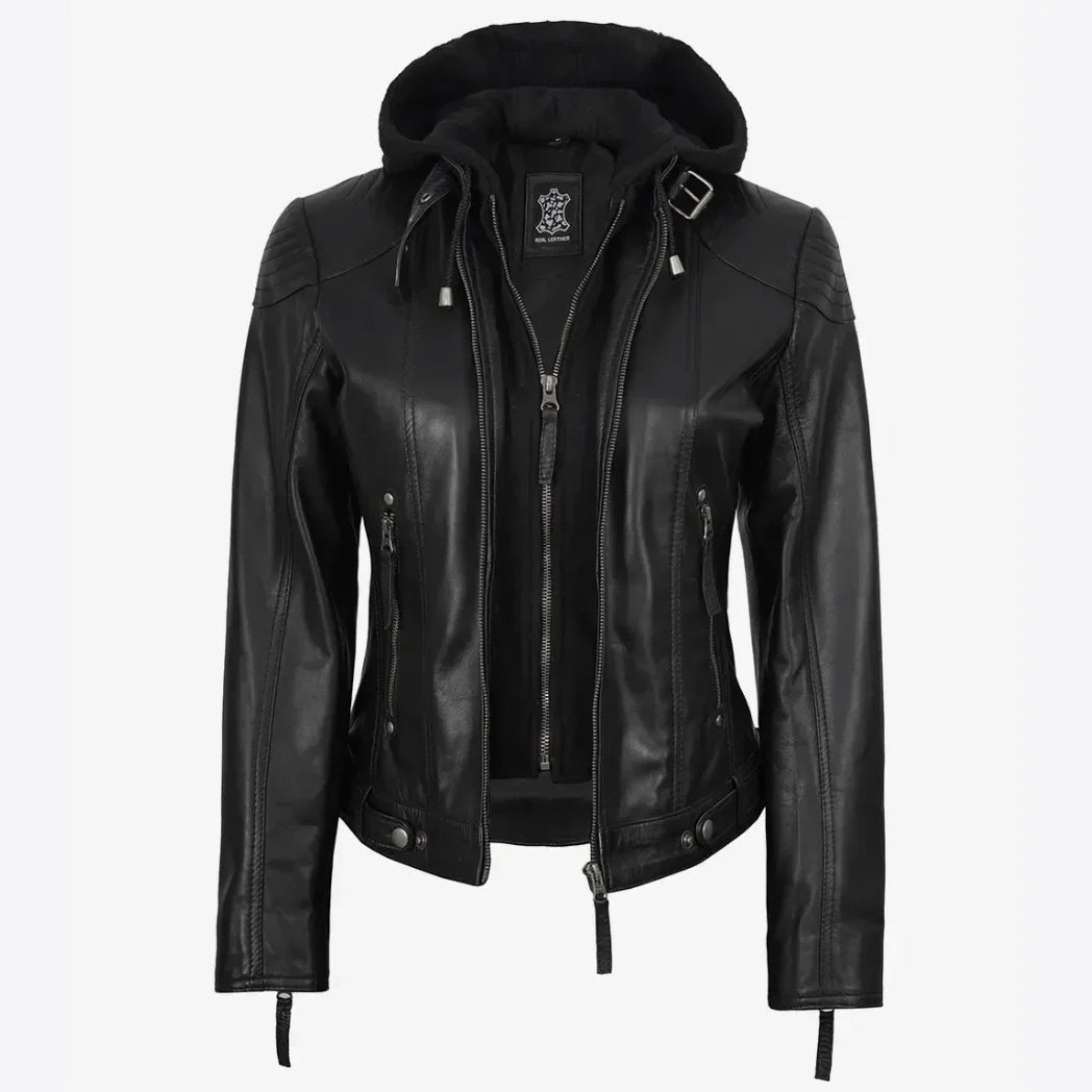 Sowachi Women's Real Black Lambskin Leather Jacket With Hood