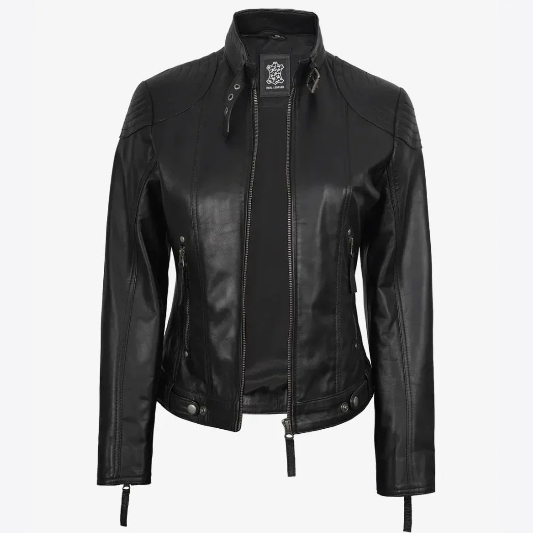 Sowachi Women's Real Black Lambskin Leather Jacket With Hood