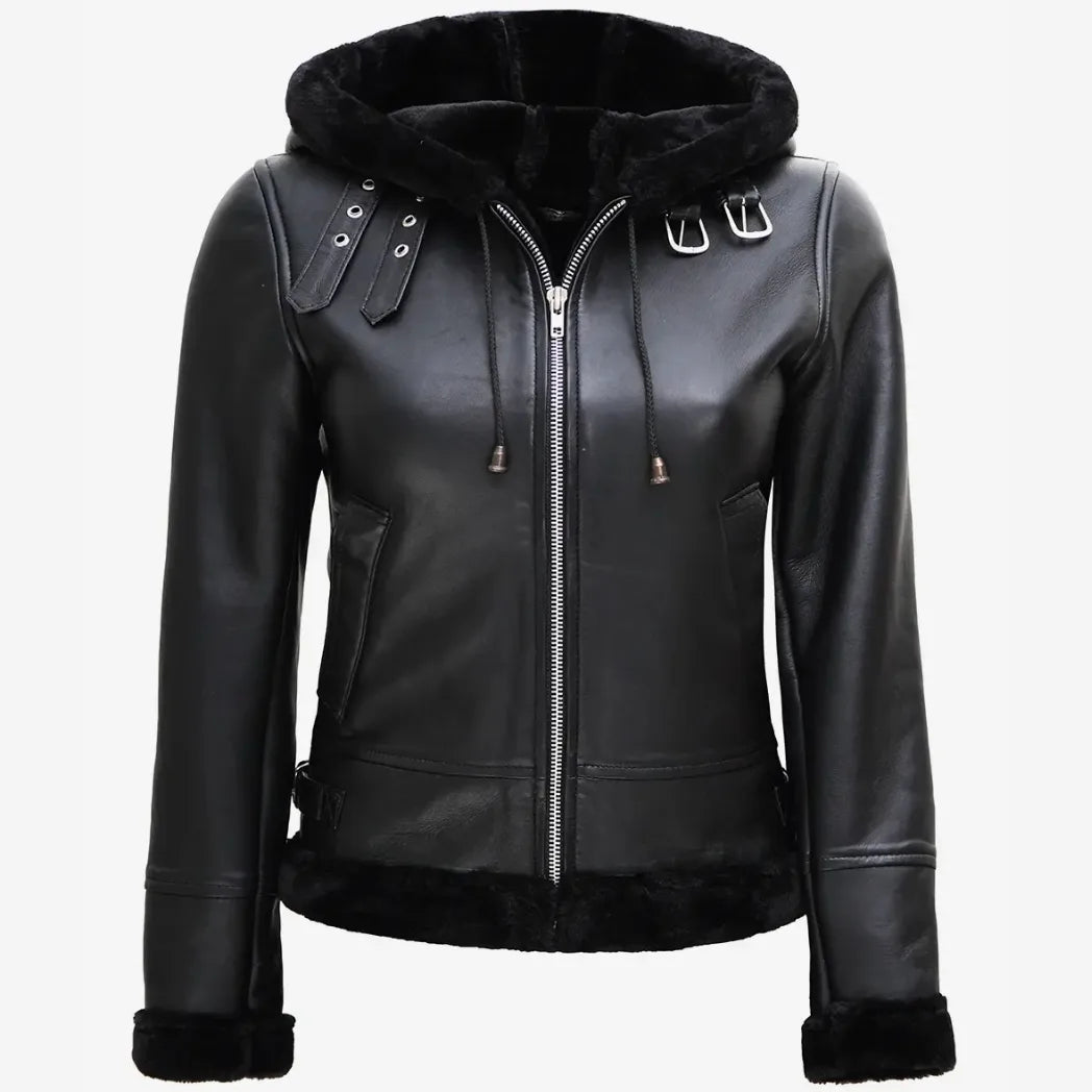 Sowachi Women's Real Lambskin Leather Hooded Black Shearling Jacket