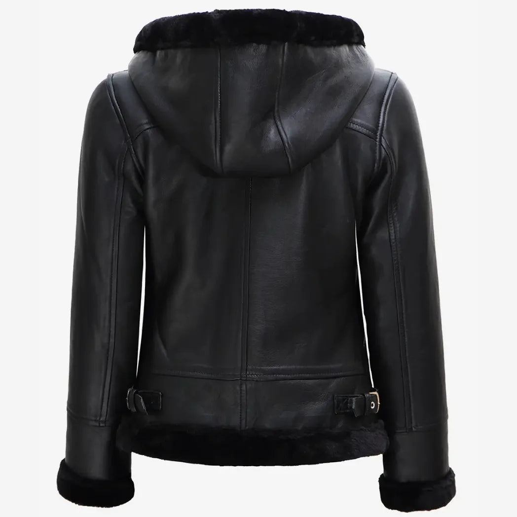 Sowachi Women's Real Lambskin Leather Hooded Black Shearling Jacket
