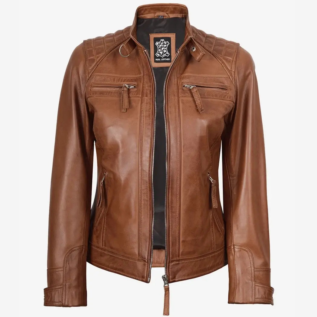 Sowachi Women's Real Lambskin Leather Tan Quilted Biker Style Jacket