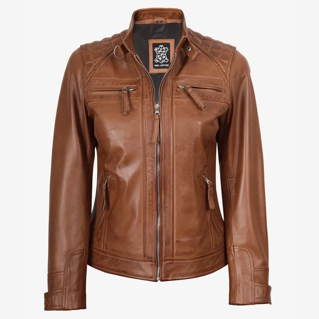 Sowachi Women's Real Lambskin Leather Tan Quilted Biker Style Jacket