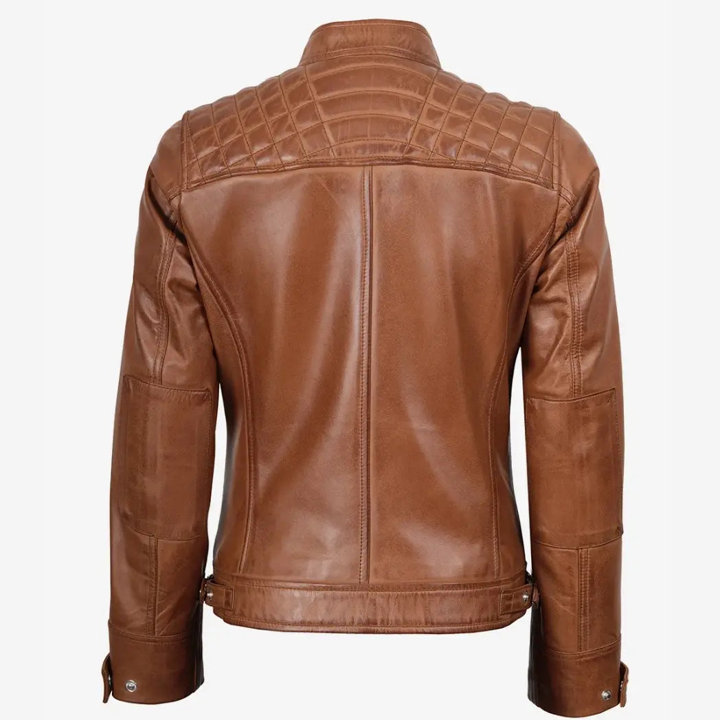 Sowachi Women's Real Lambskin Leather Tan Quilted Biker Style Jacket