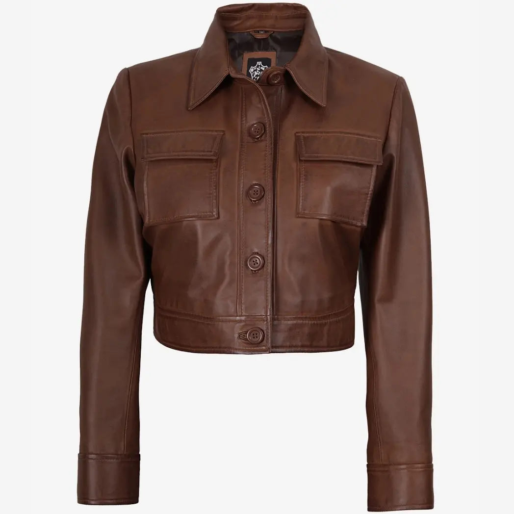 Sowachi Women's Real leather Cognac Cropped Trucker Jacket