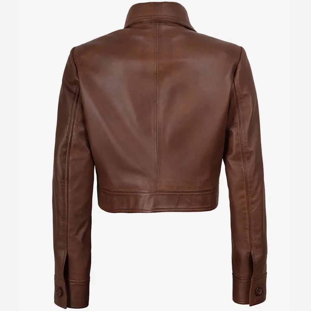 Sowachi Women's Real leather Cognac Cropped Trucker Jacket