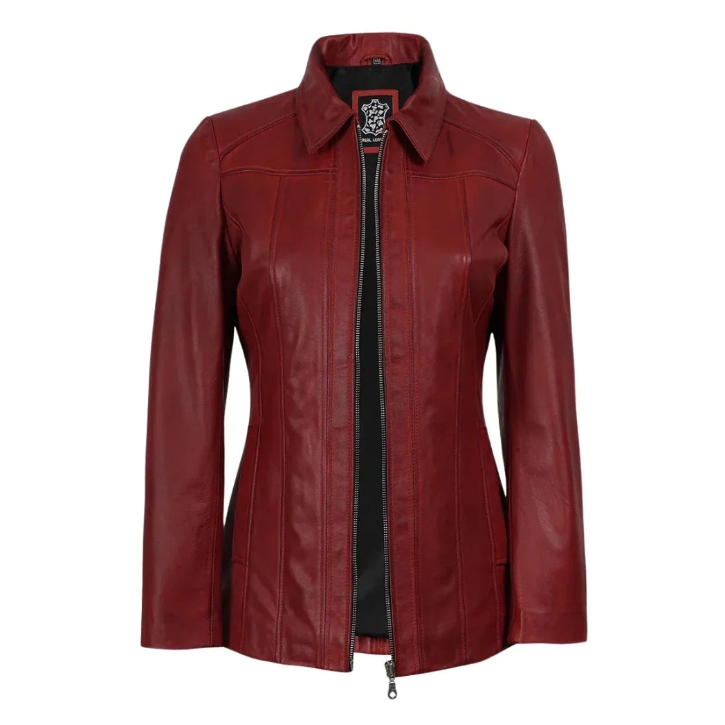 Sowachi Women's Red 3/4 Sheepskin Leather Car Coat