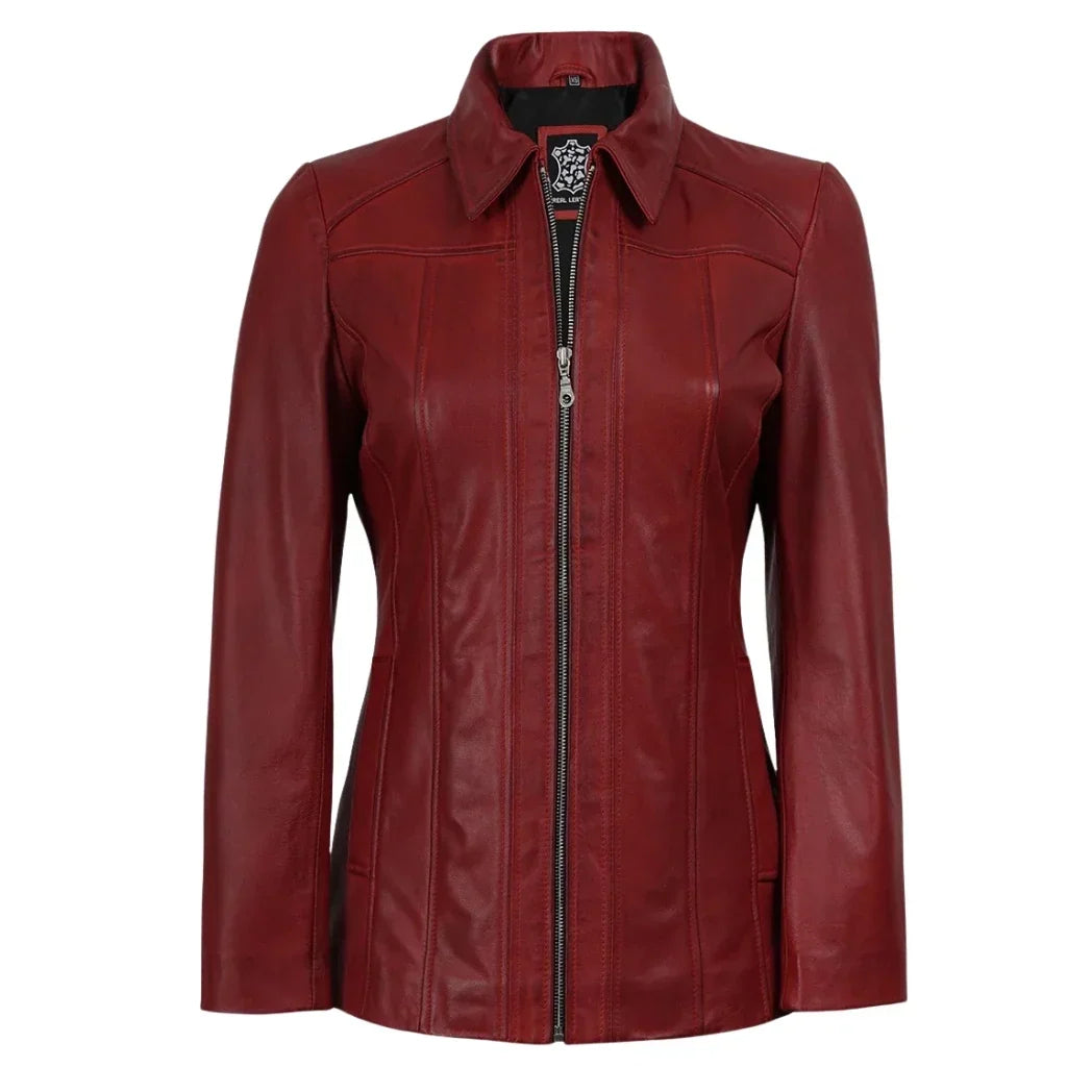 Sowachi Women's Red 3/4 Sheepskin Leather Car Coat