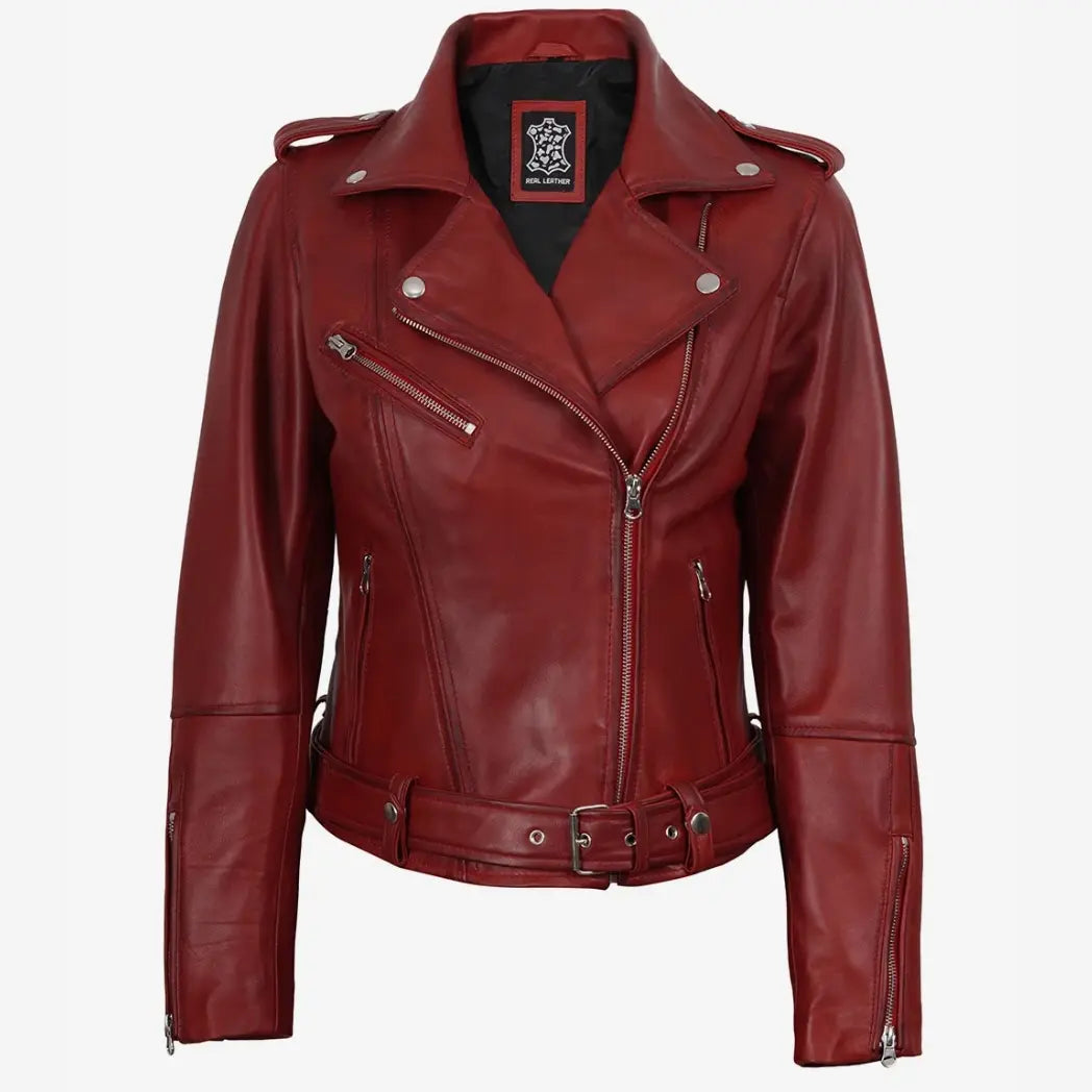 Sowachi Women's Red Belted Biker Style Lambskin Leather Jacket
