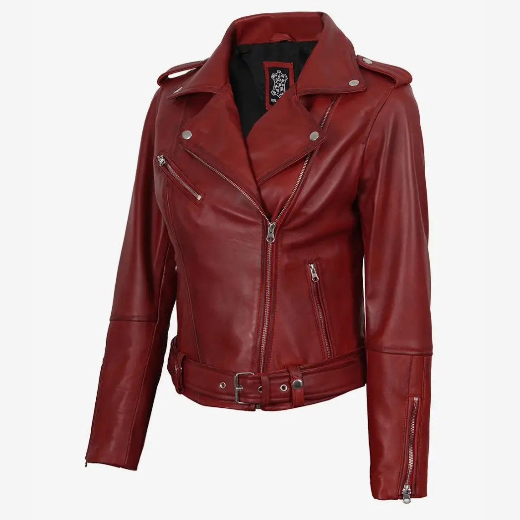 Sowachi Women's Red Belted Biker Style Lambskin Leather Jacket
