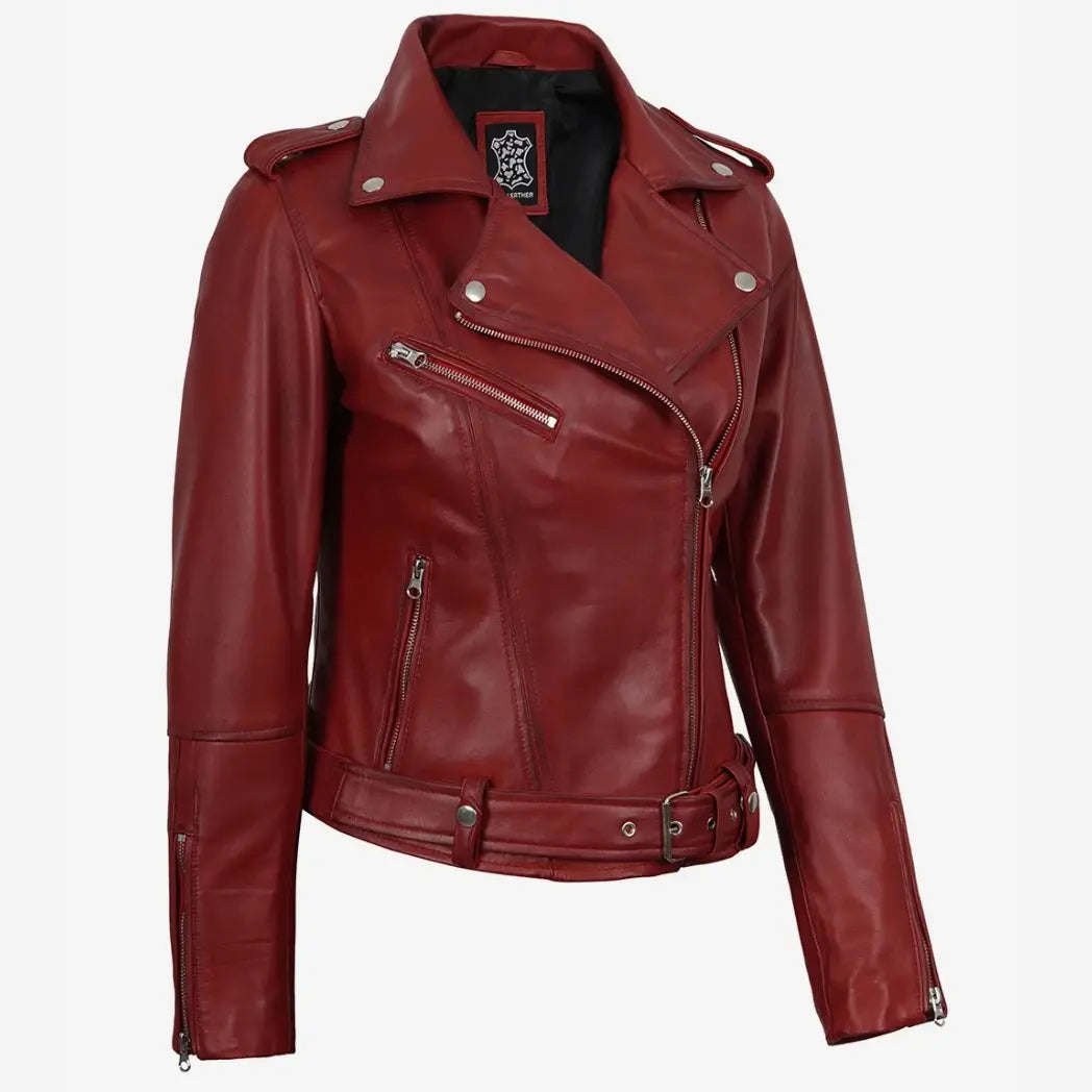 Sowachi Women's Red Belted Biker Style Lambskin Leather Jacket