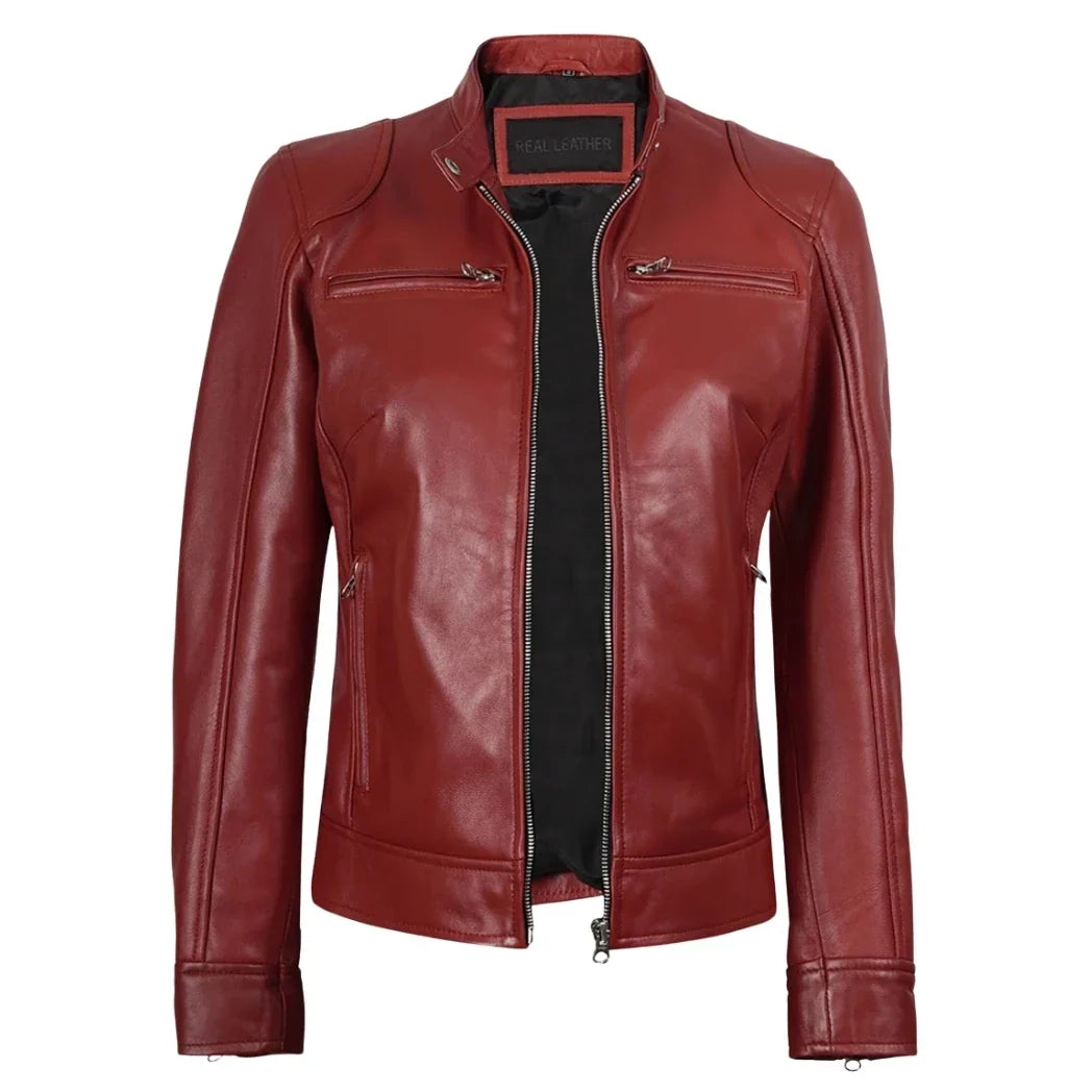 Women's  Red Biker Style Sheepskin Leather Jacket
