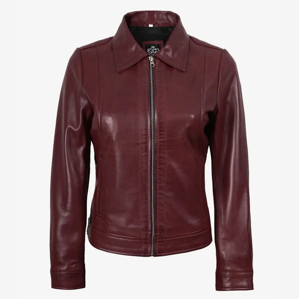 Sowachi Women's Shirt Collar Burgundy Real Lambskin Leather Jacket