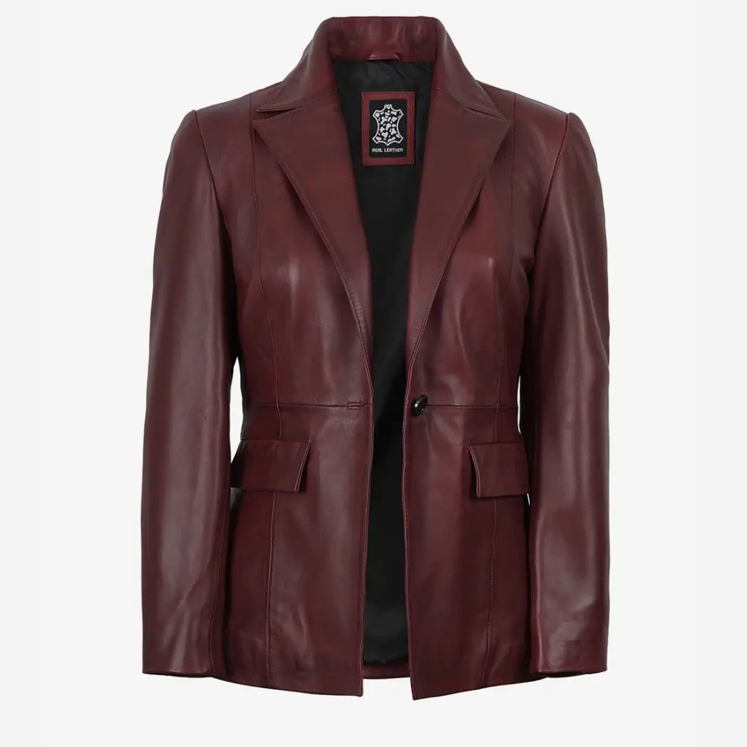 Sowachi Women’s Single-Button Burgundy Waxed Lambskin Leather Blazer