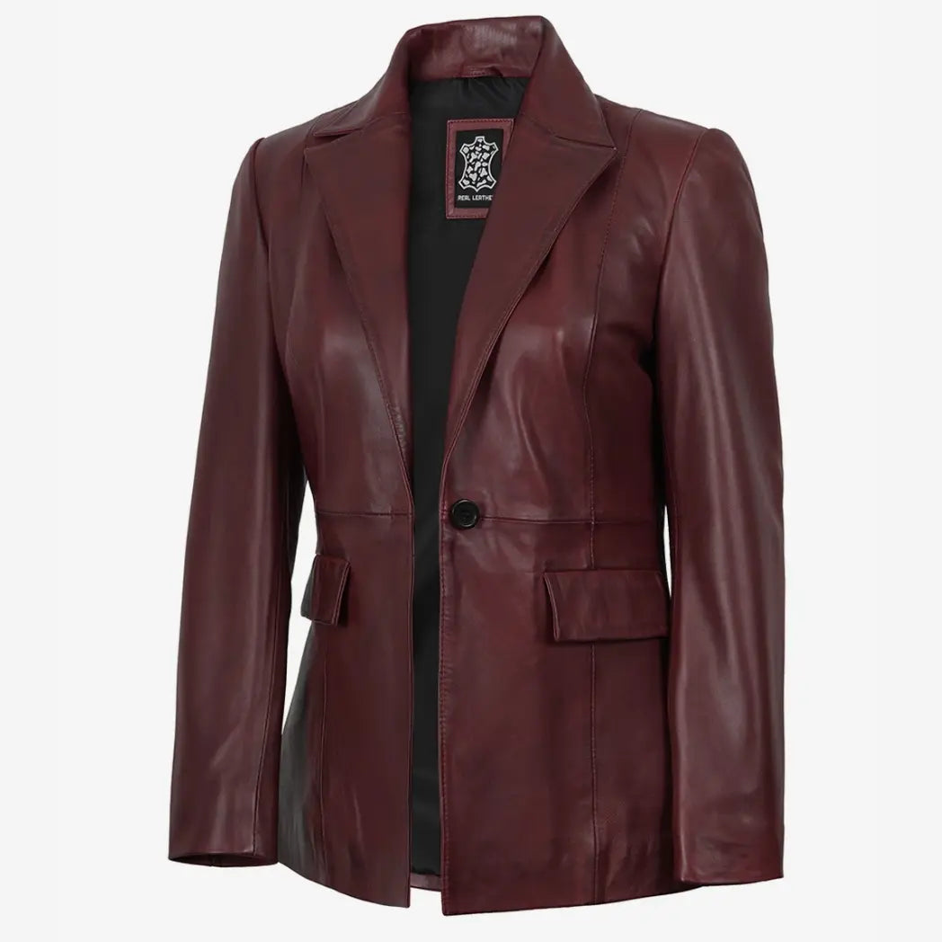 Sowachi Women’s Single-Button Burgundy Waxed Lambskin Leather Blazer