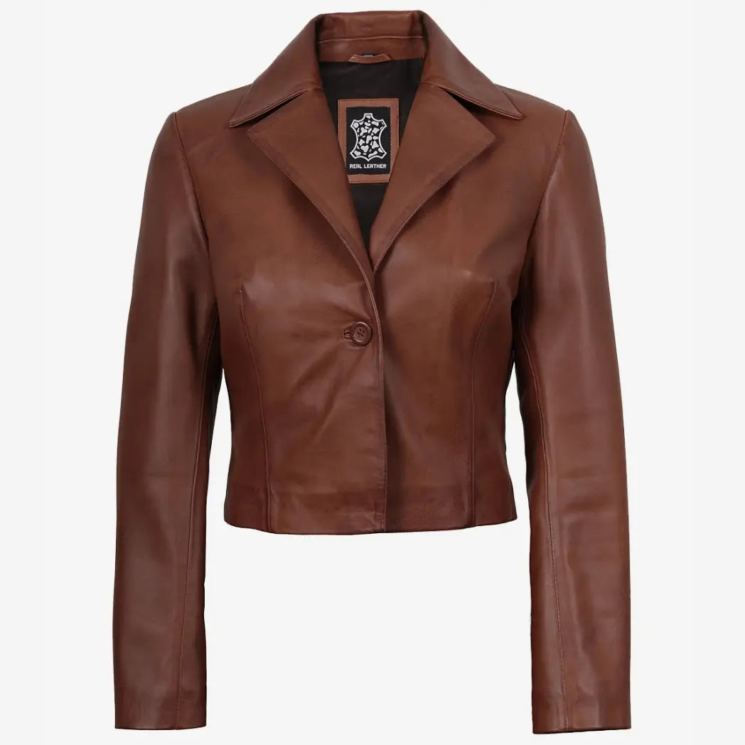Sowachi Women's Single Button Cognac Cropped Leather Jacket