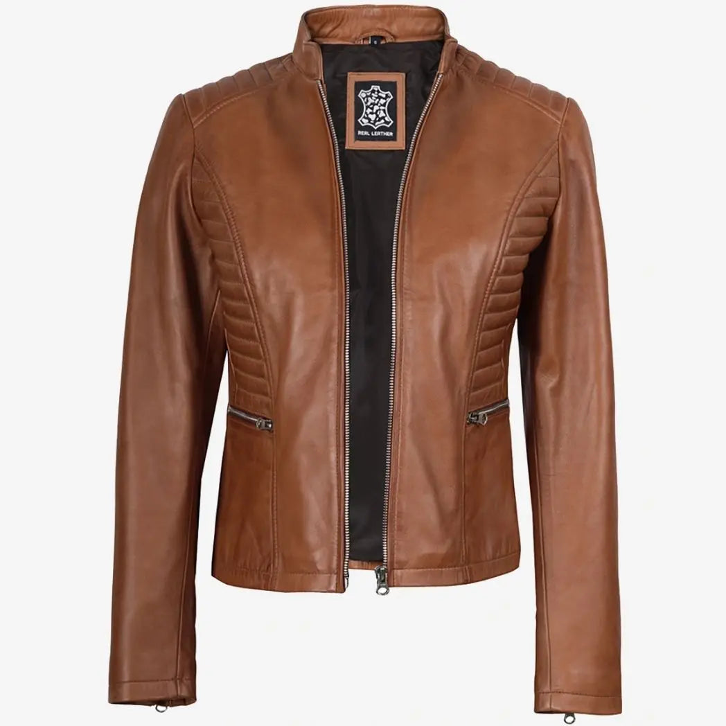 Sowachi Women's Slim Fit Tan Real Lambskin Leather Jacket