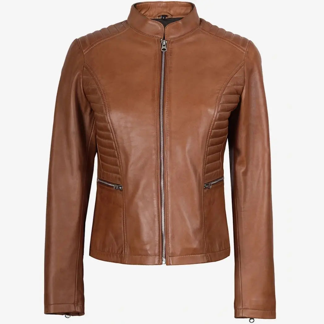 Sowachi Women's Slim Fit Tan Real Lambskin Leather Jacket