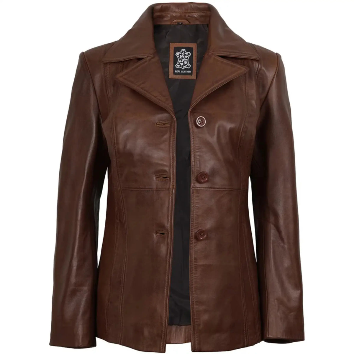 Sowachi Marvelle - Women's Cognac Brown Three Button Leather Blazer