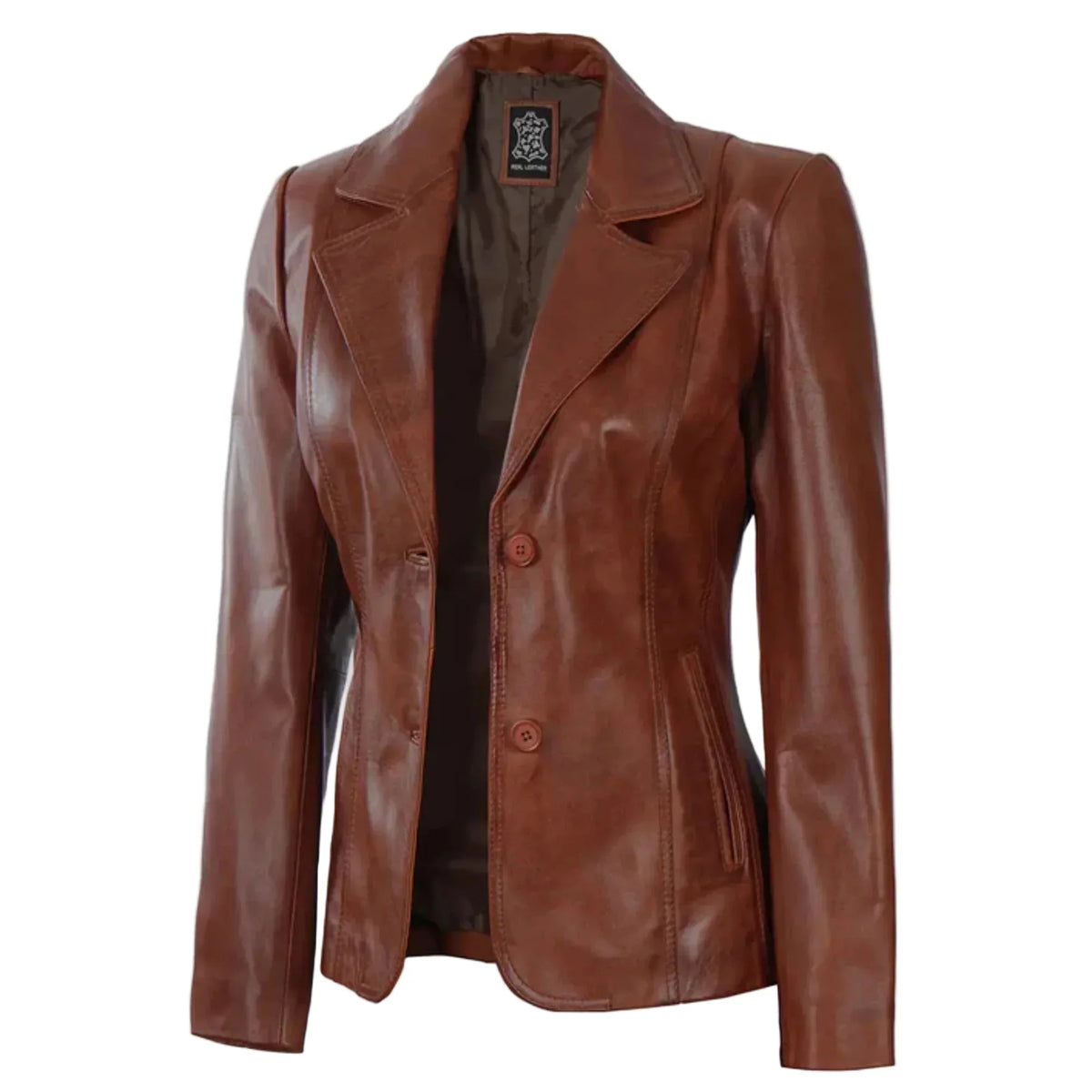 Sowachi Velisse - Women's Cognac Brown Two Button Leather Blazer