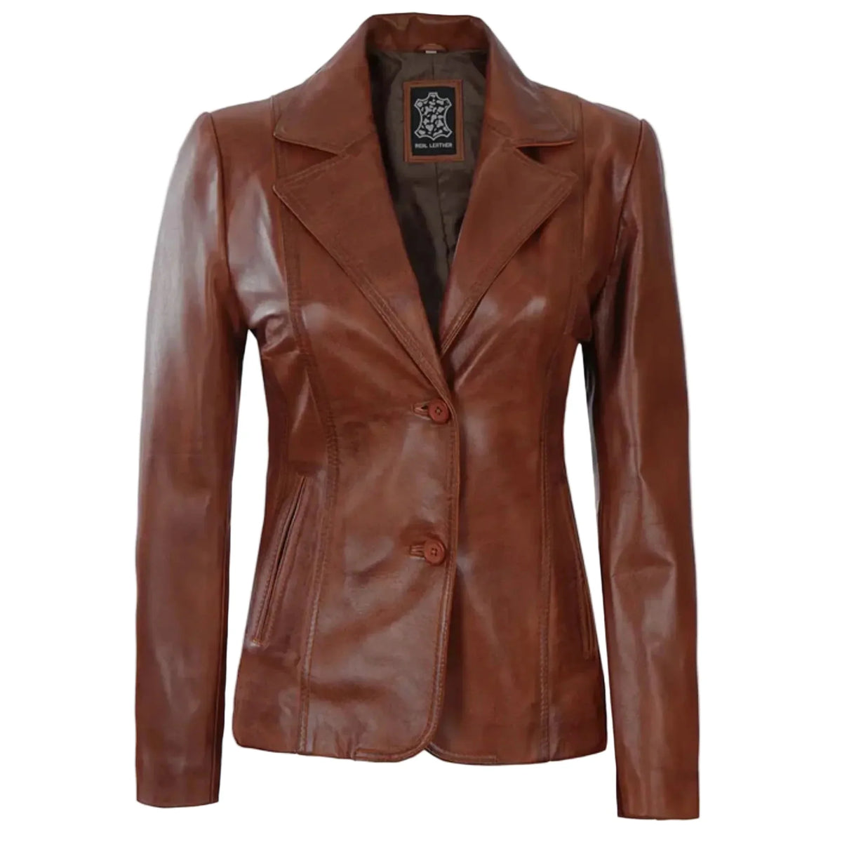 Sowachi Velisse - Women's Cognac Brown Two Button Leather Blazer