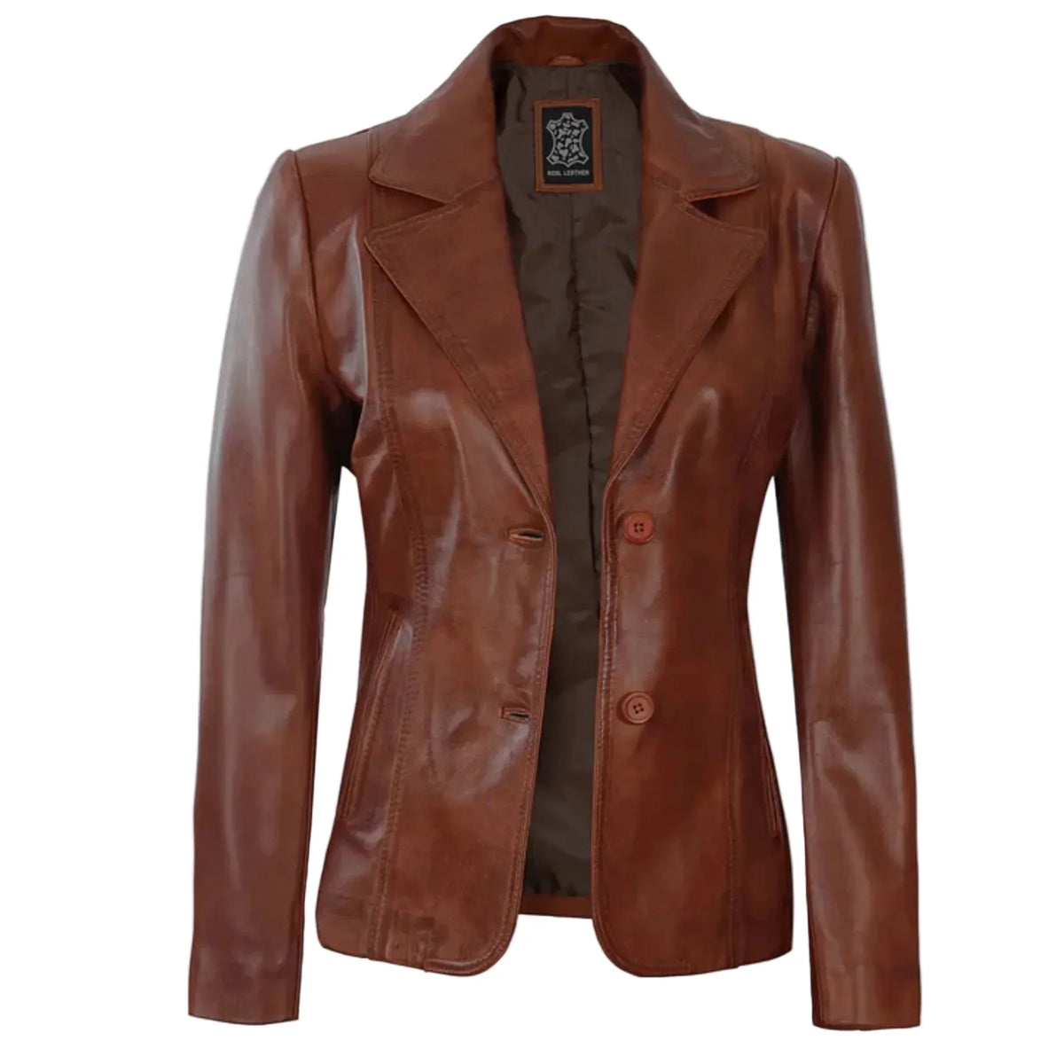 Sowachi Velisse - Women's Cognac Brown Two Button Leather Blazer