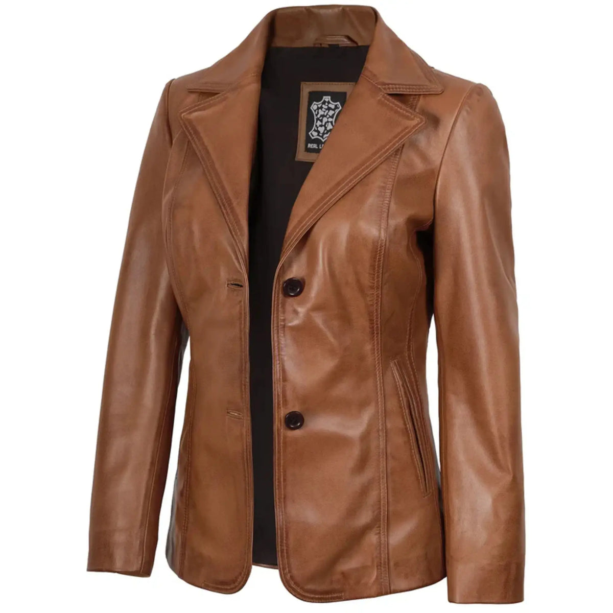 Sowachi Velisse - Women's Tan Brown Two Button Leather Blazer