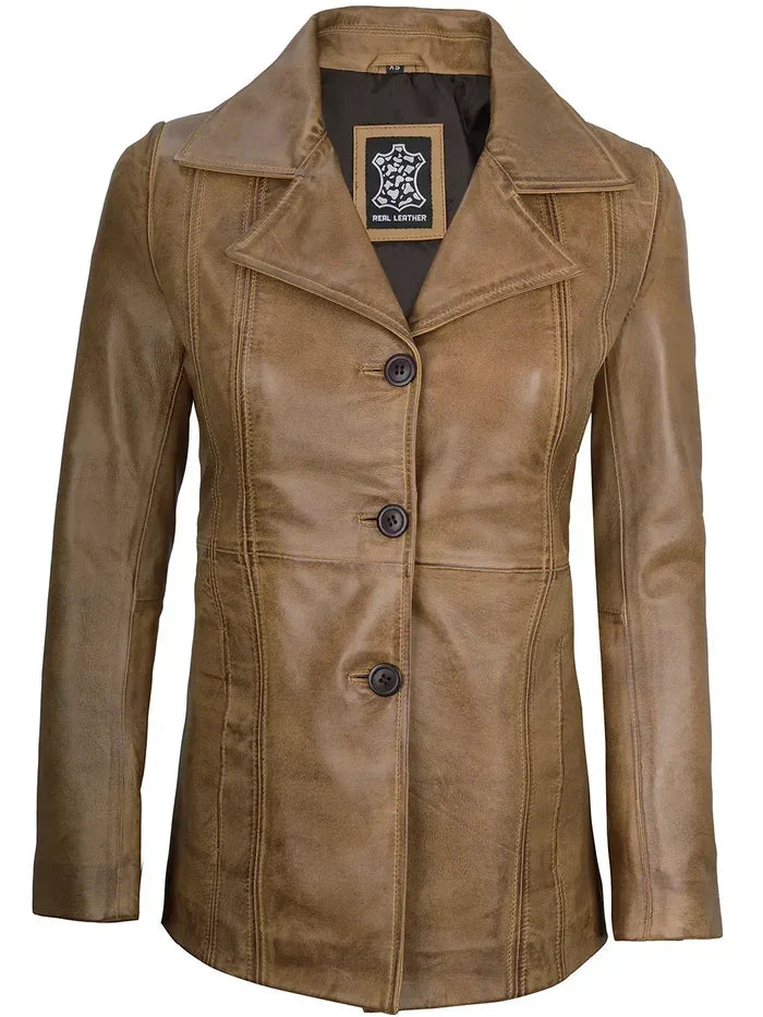 Sowachi Marvelle - Women's Camel Brown Long Leather Blazer