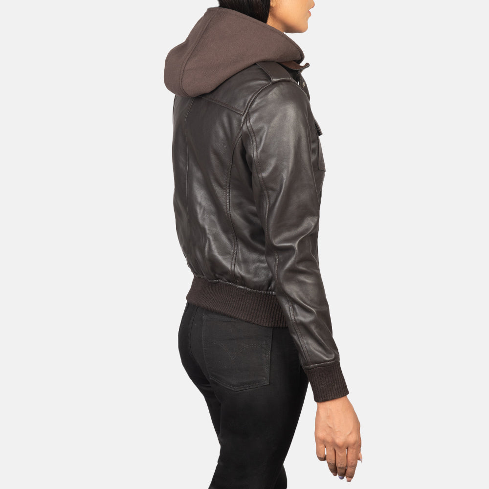 Sowachi Roslyn Brown Hooded Leather Bomber Jacket