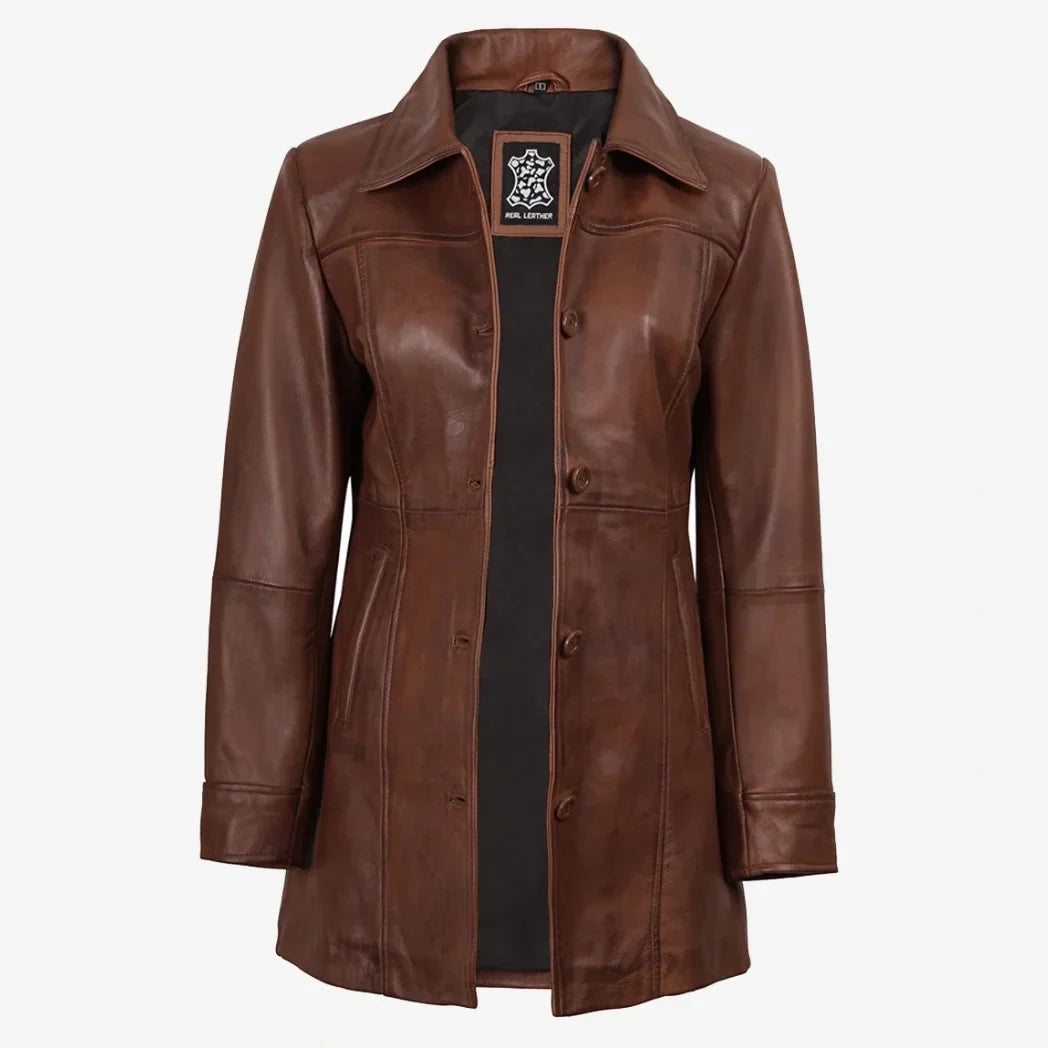Women's Cognac 3/4 Length Button Down Leather Coat