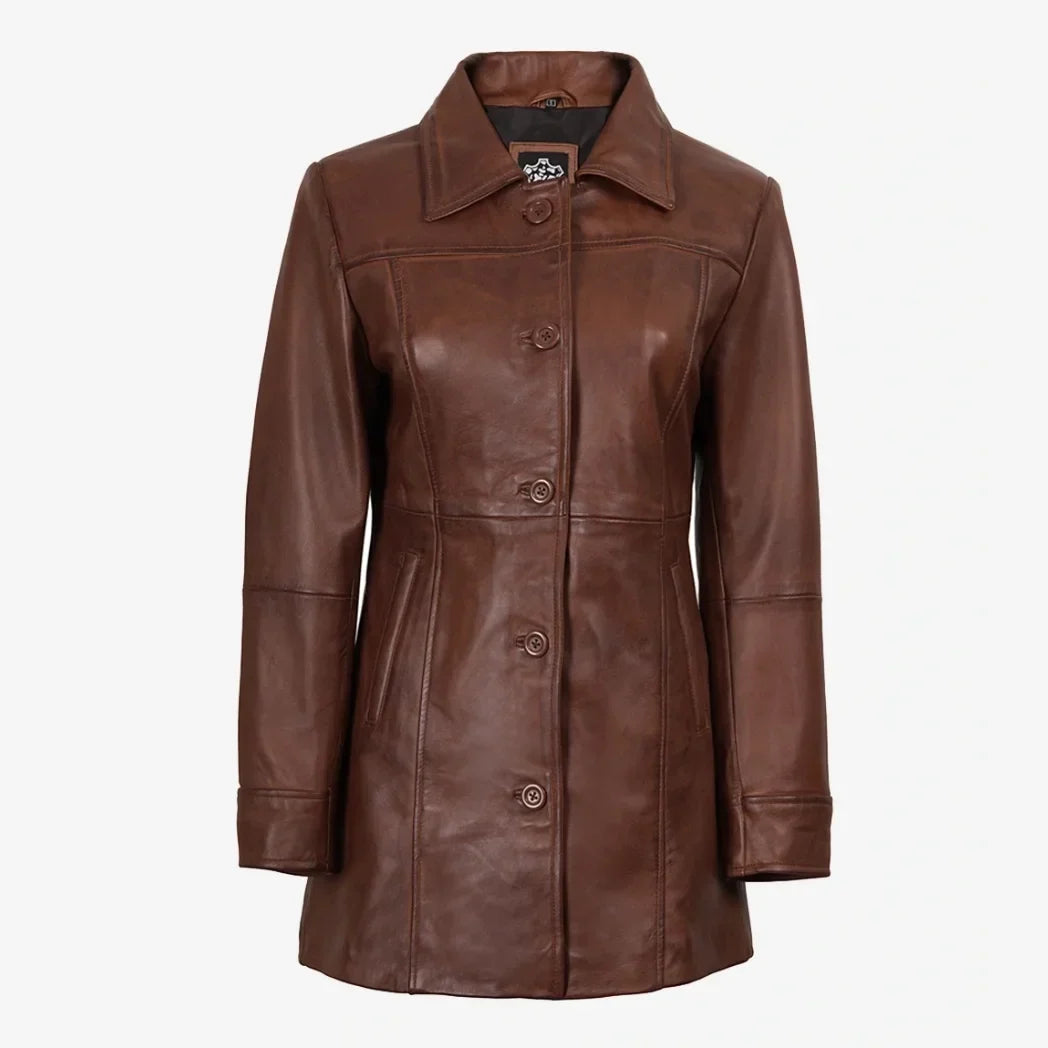 Women's Cognac 3/4 Length Button Down Leather Coat