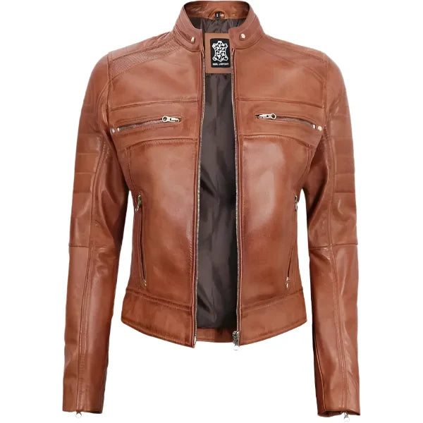 Sowachi Liorenne - Women's Tan Cafe Racer Leather Jacket