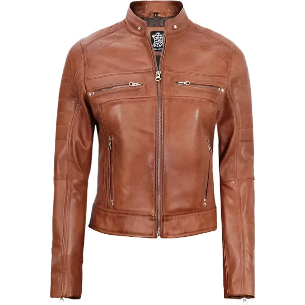 Sowachi Liorenne - Women's Tan Cafe Racer Leather Jacket