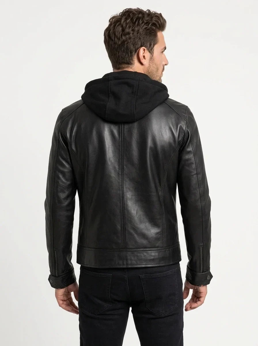 Sowachi Men's Black Hooded Leather Jacket with Detachable Hood