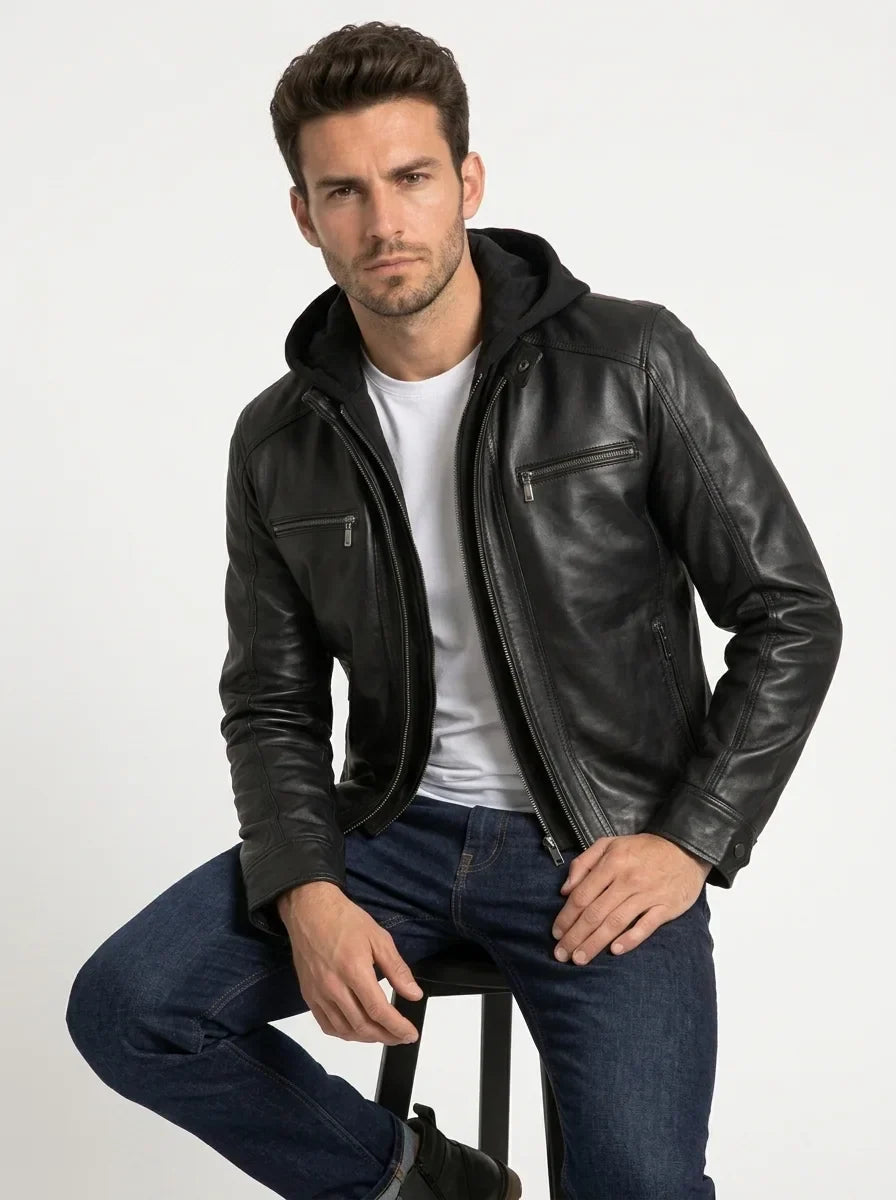 Sowachi Men's Black Hooded Leather Jacket with Detachable Hood