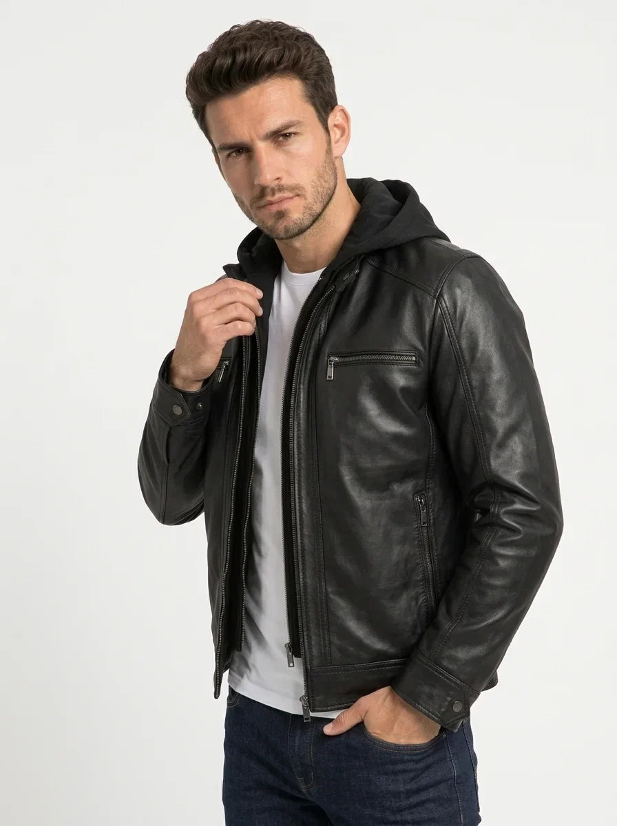 Sowachi Men's Black Hooded Leather Jacket with Detachable Hood